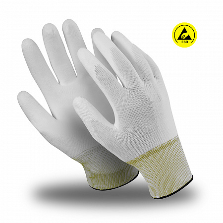 Перчатки МИКРОСТАТИК (MG-164), ESD, нейлон/карбон, полиуретан частичный, оверлок из термонити, цвет